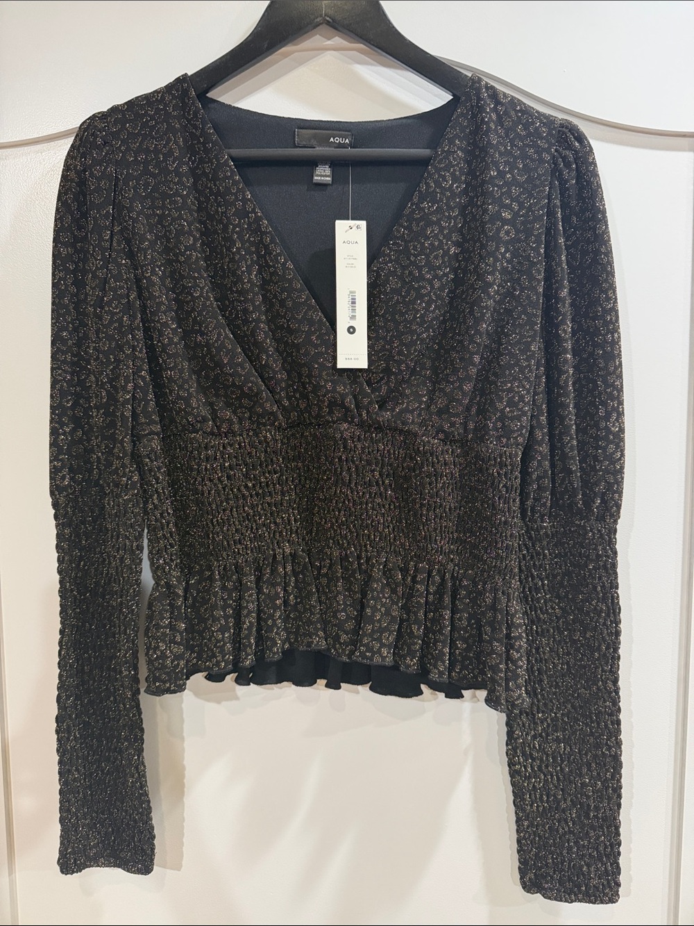 Aqua Black Smocked V-Neck Long Sleeve Top with Subtle Print